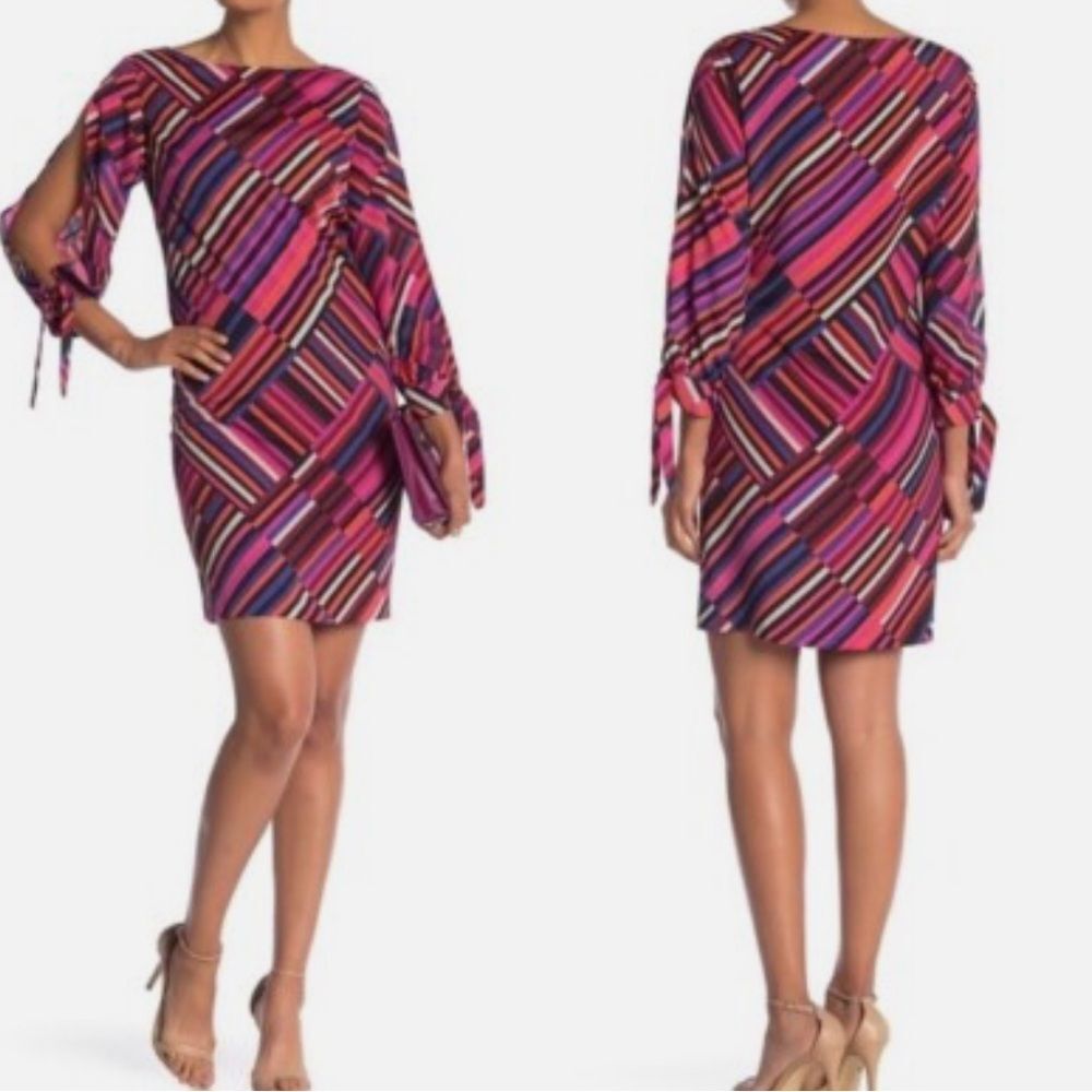 Trina Turk asymmetricalVibrant Long Sleeve Dress - Pink and Purple Stripes